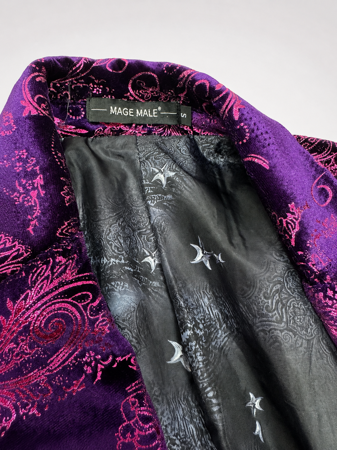 Mage Male purple pink paisley blazer detail view of textured fabric