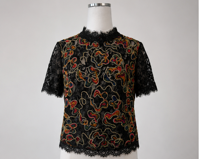 Zara Trafaluc embroidered black lace blouse with high neckline and short sheer sleeves