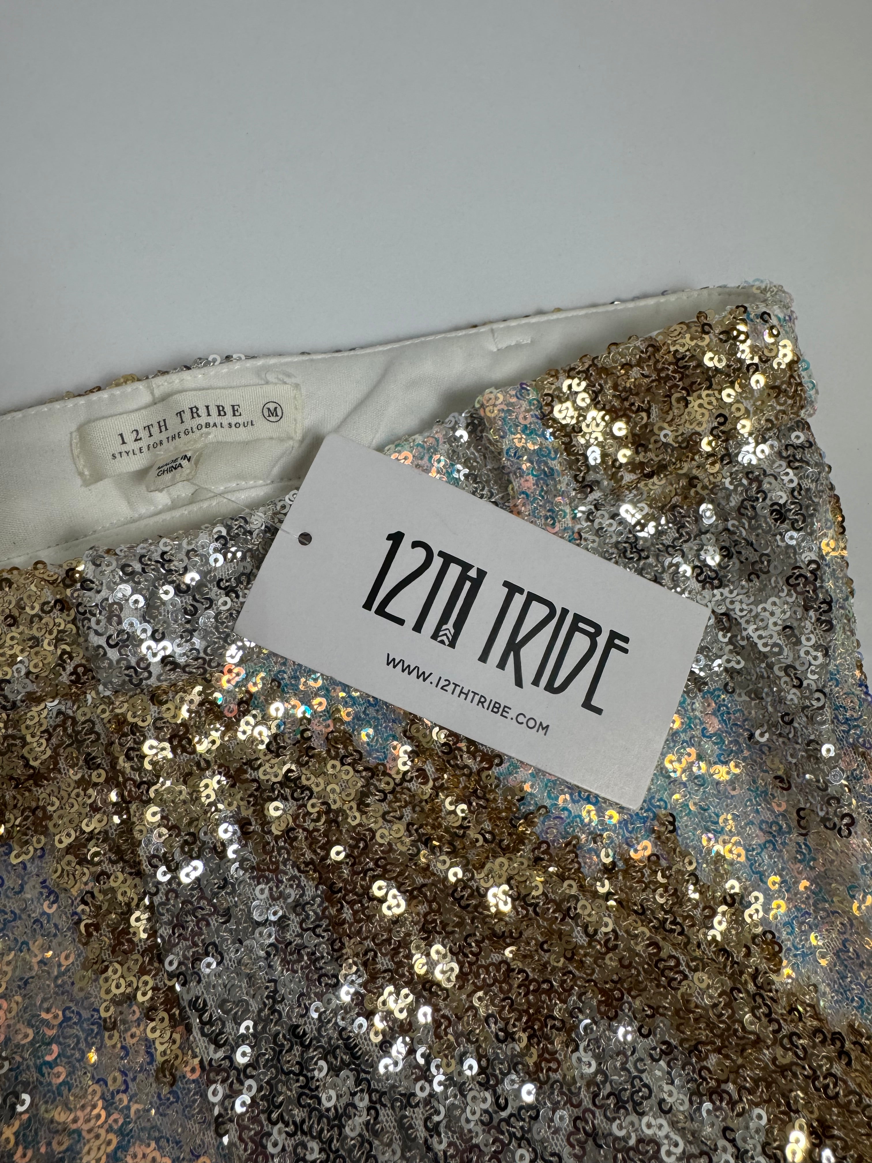 12th Tribe ’70s-Inspired Metallic Sequin Stretch Flare Pants NWT