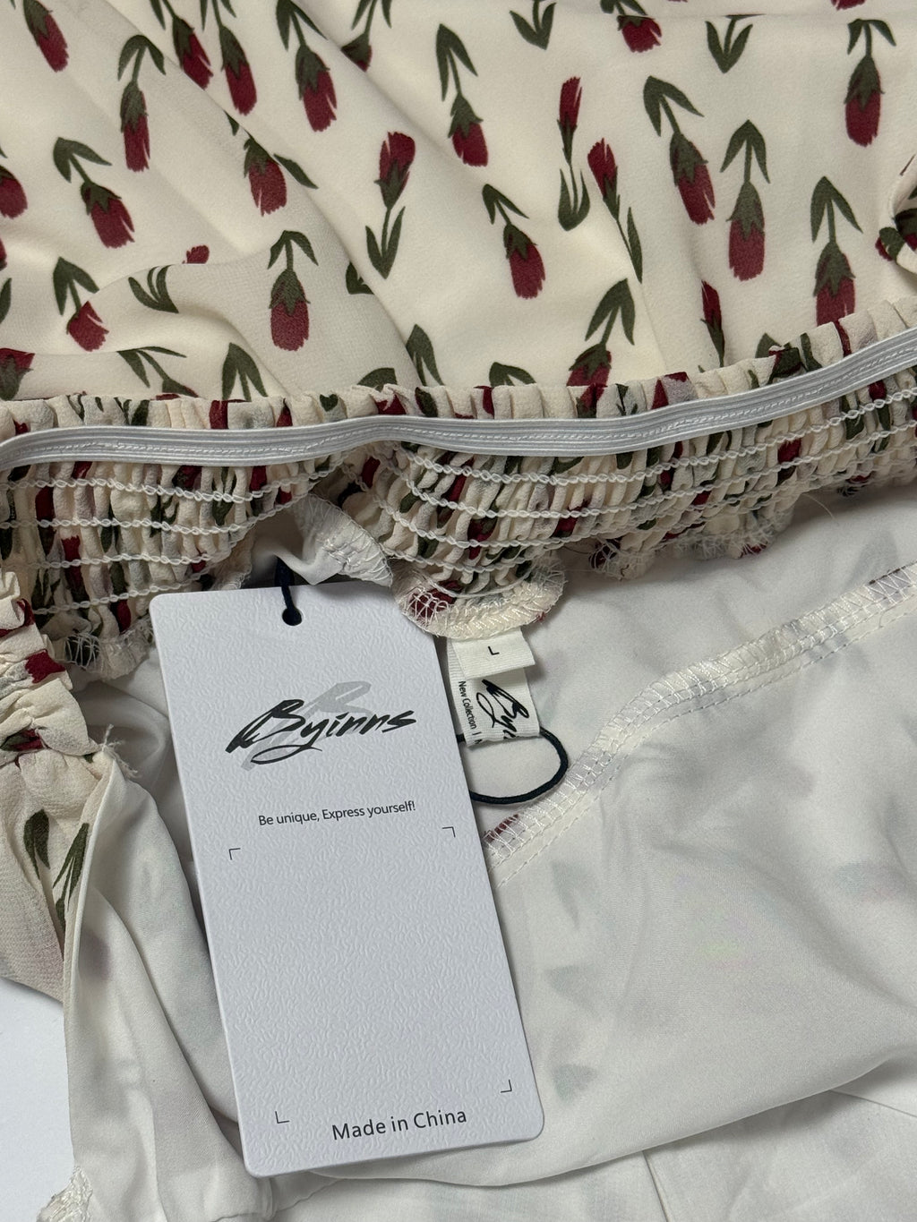 Women's BGIYNS Ivory Red Floral Off-Shoulder Puff-Sleeve Open-Back Dress