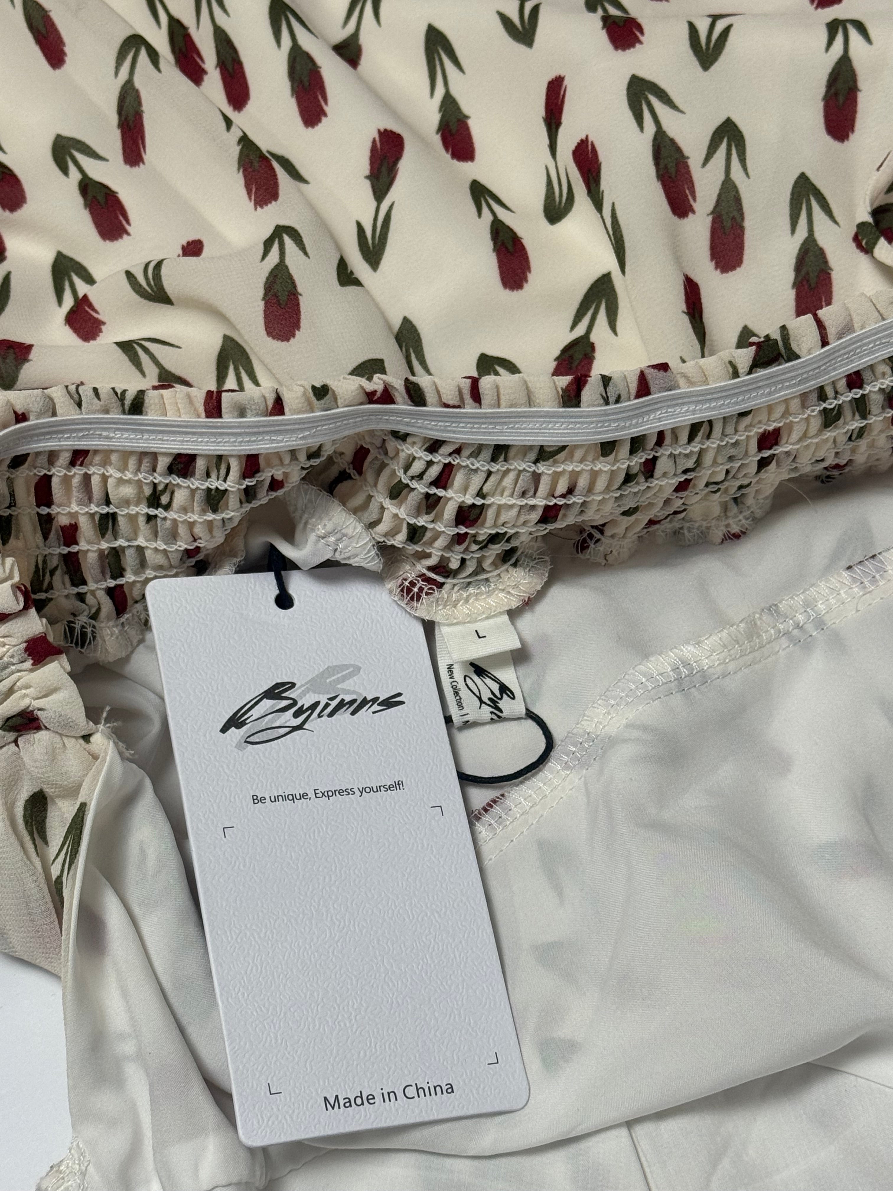 Women's BGIYNS Ivory Red Floral Off-Shoulder Puff-Sleeve Open-Back Dress