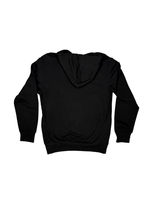 2PAC black pullover hoodie, back view showing plain back, hood, long sleeves and ribbed cuffs.