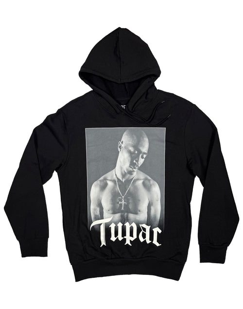 2PAC black Tupac portrait graphic pullover hoodie, front view, unisex size S.