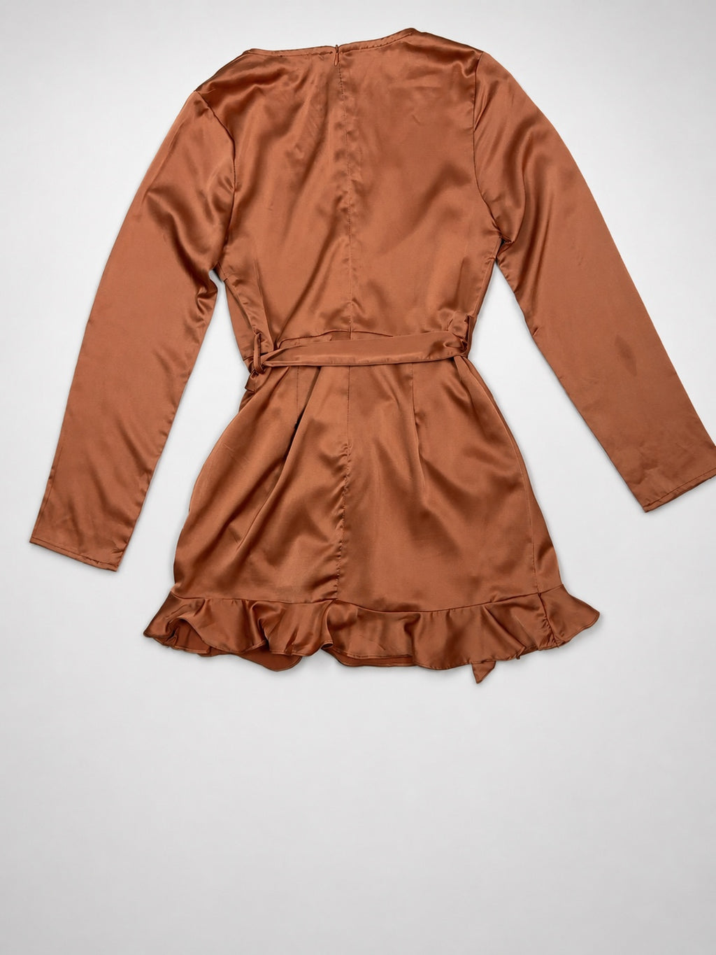Back view of copper satin wrap romper flat lay