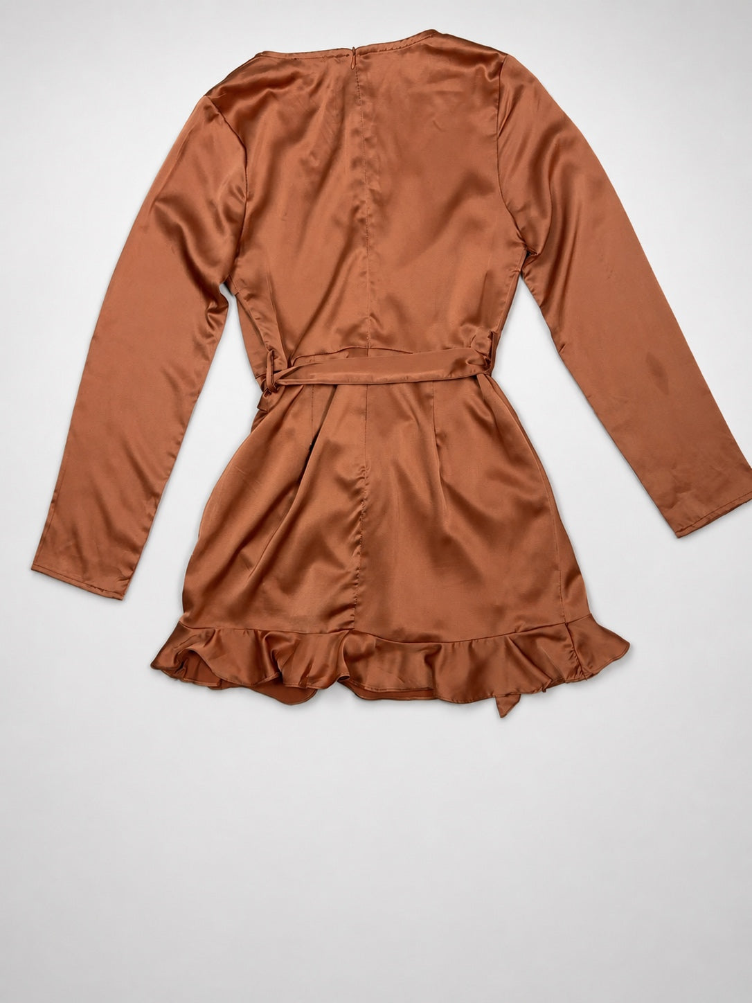 Back view of copper satin wrap romper flat lay