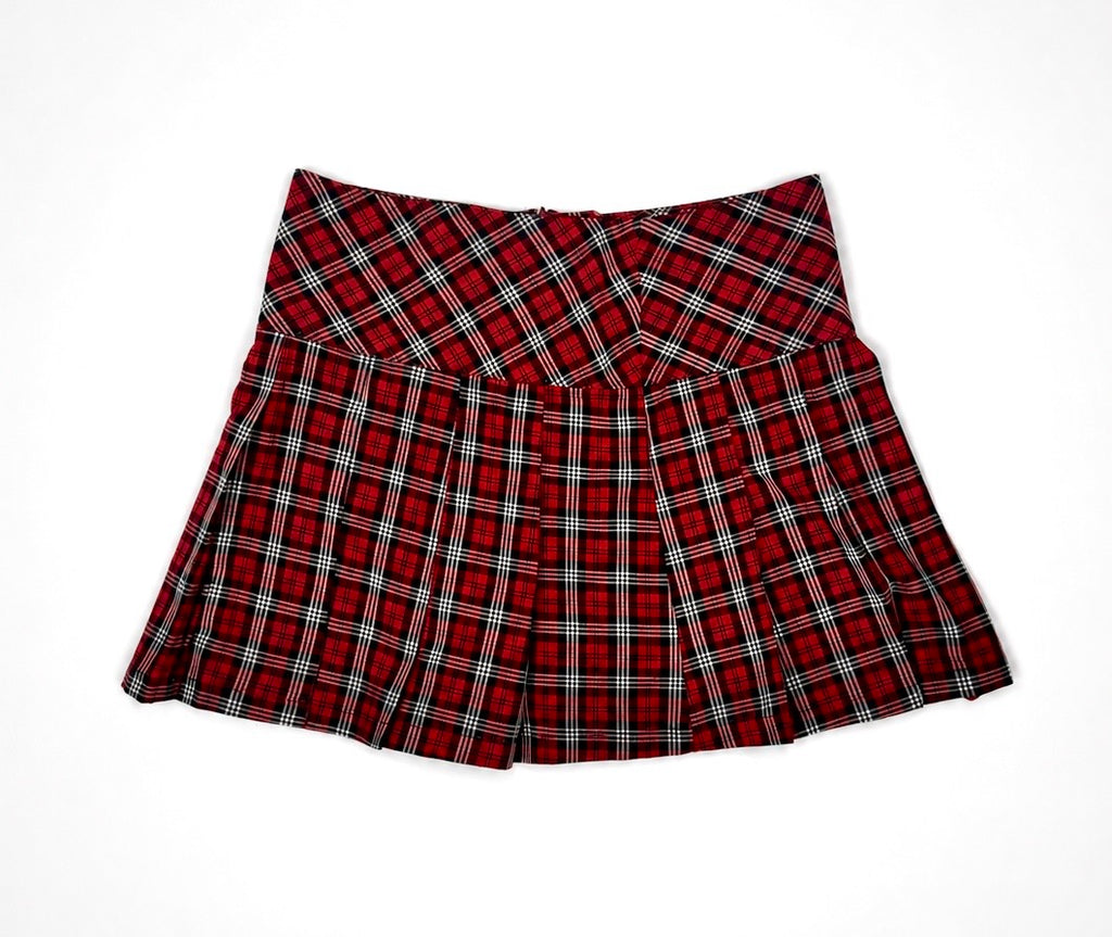 American Eagle red tartan pleated mini skirt front flat lay