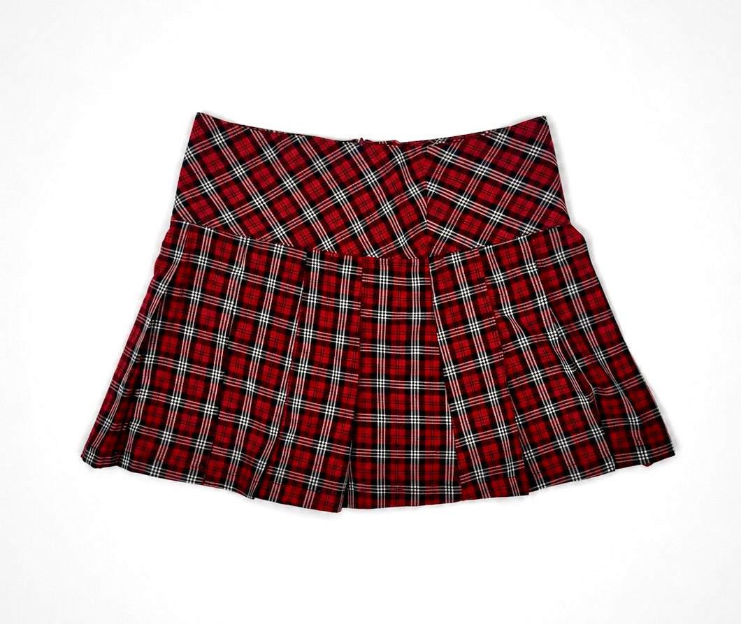 American Eagle red tartan pleated mini skirt front flat lay